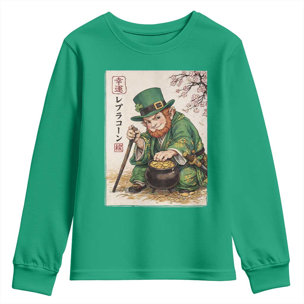 Vintage Japanese Leprechaun St Patricks Day Shamrock Ukiyo e Art Youth Sweatshirt