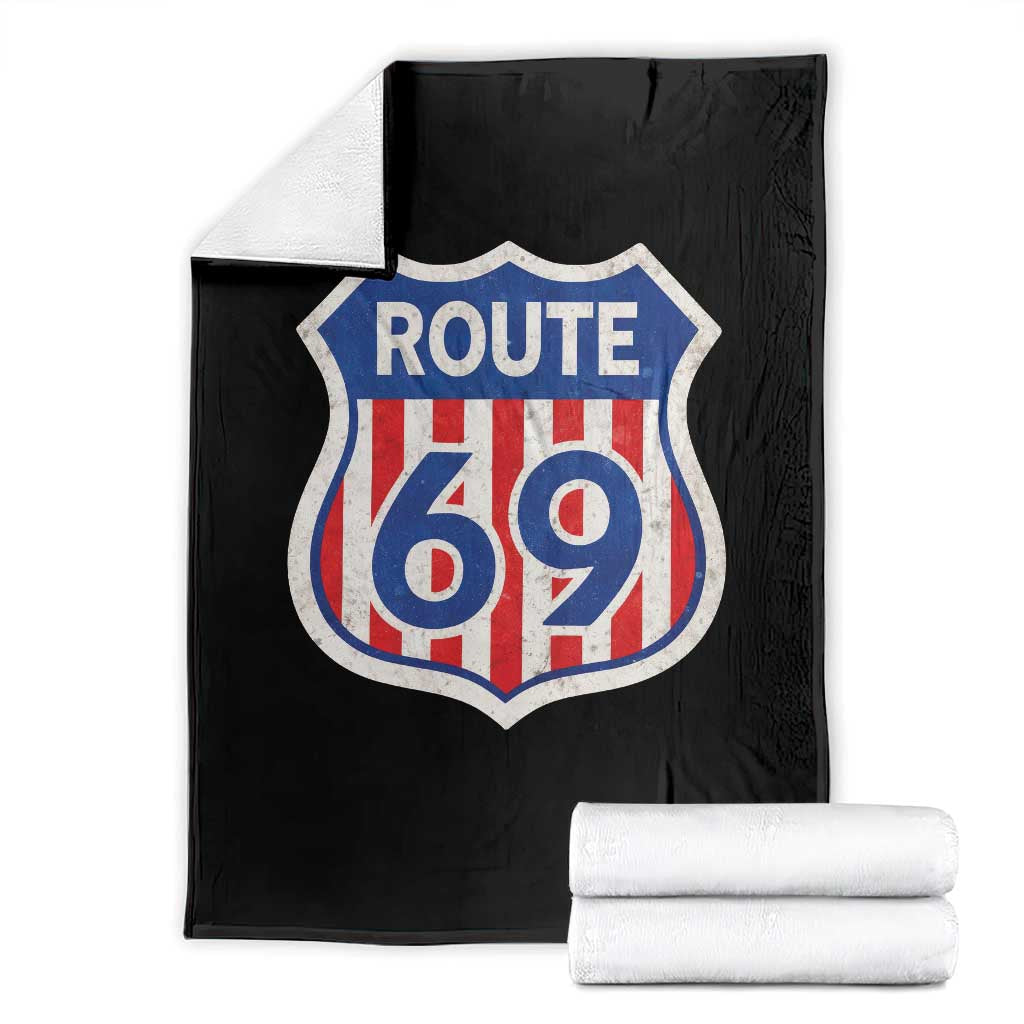 Vintage Route 69 Highway Road Trip Sign Distressed American Flag Throw Blanket