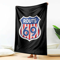 Vintage Route 69 Highway Road Trip Sign Distressed American Flag Throw Blanket