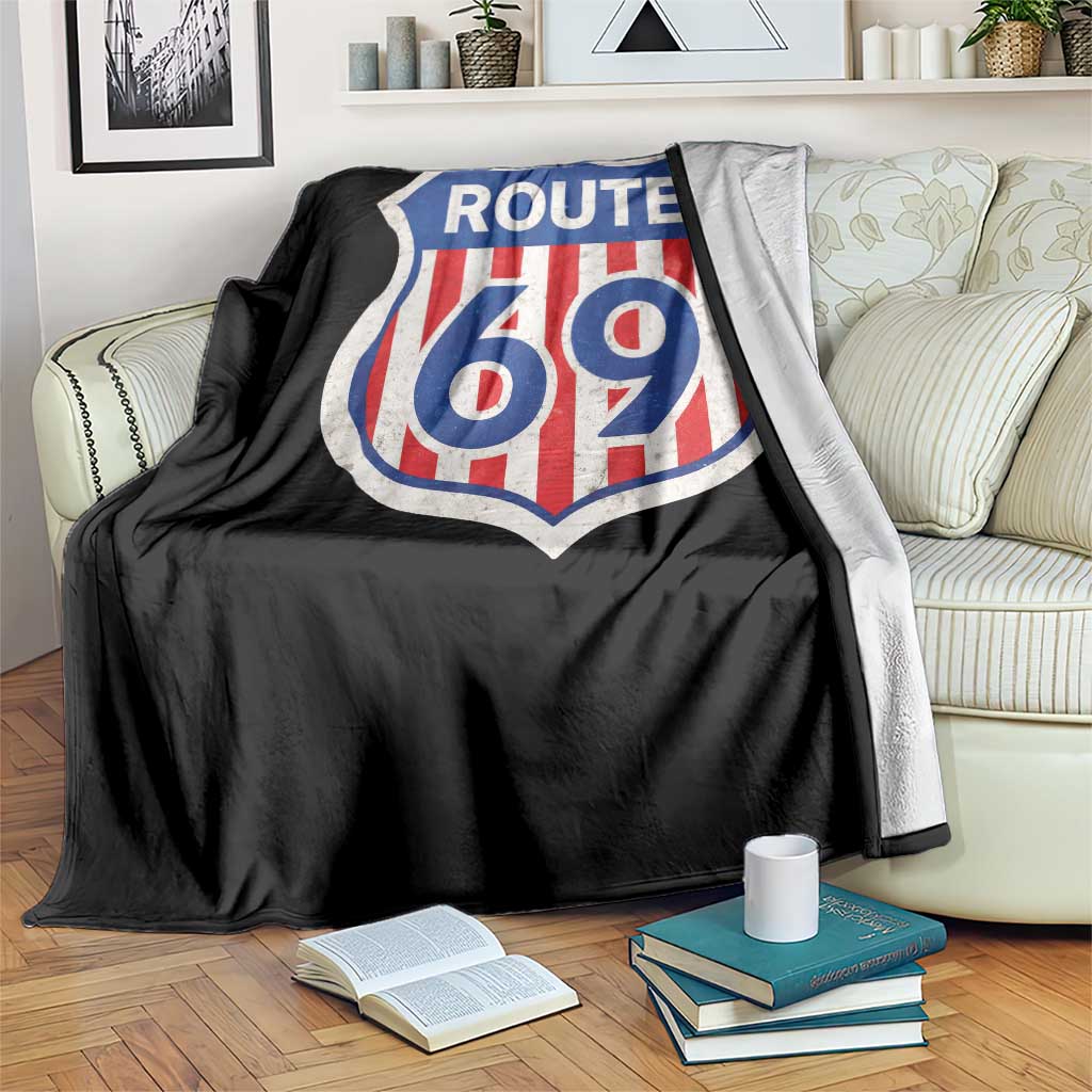 Vintage Route 69 Highway Road Trip Sign Distressed American Flag Throw Blanket
