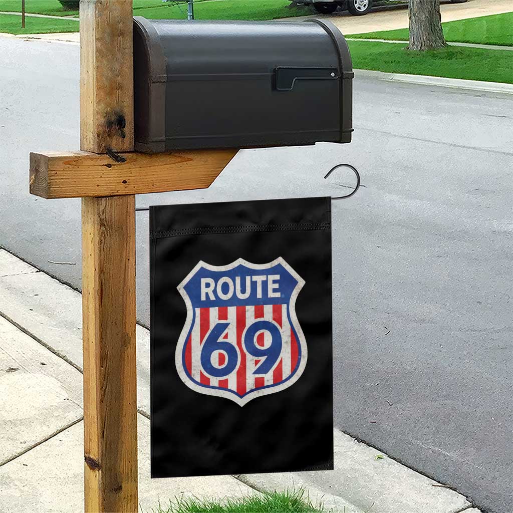 Vintage Route 69 Highway Road Trip Sign Distressed American Flag Garden Flag
