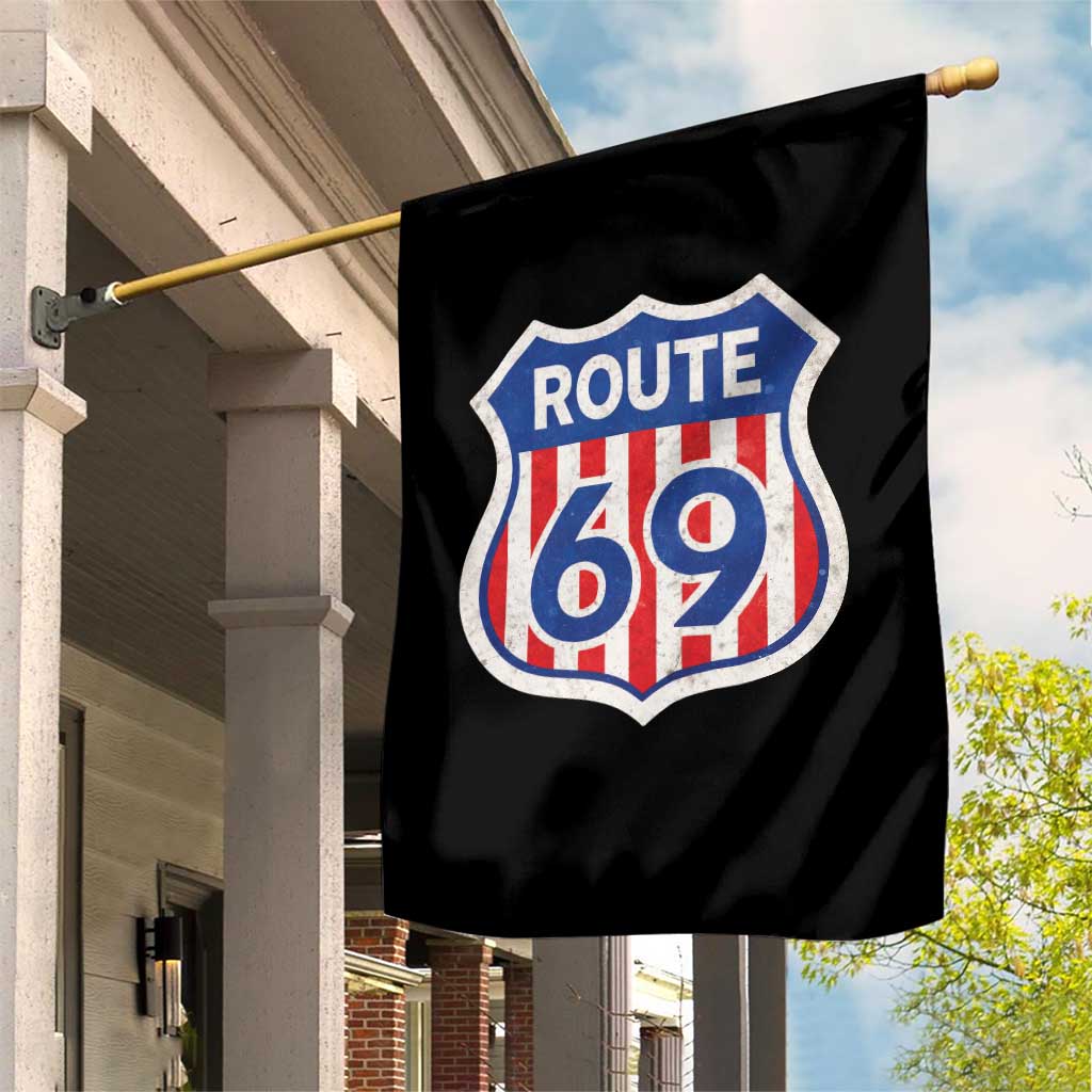 Vintage Route 69 Highway Road Trip Sign Distressed American Flag Garden Flag