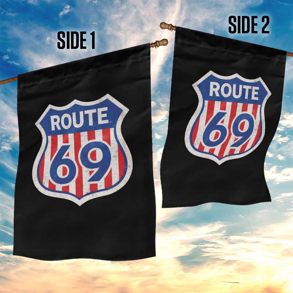 Vintage Route 69 Highway Road Trip Sign Distressed American Flag Garden Flag