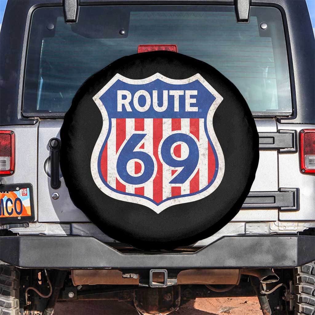Vintage Route 69 Highway Road Trip Sign Distressed American Flag Spare Tire Cover