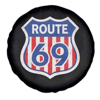 Vintage Route 69 Highway Road Trip Sign Distressed American Flag Spare Tire Cover