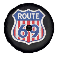 Vintage Route 69 Highway Road Trip Sign Distressed American Flag Spare Tire Cover