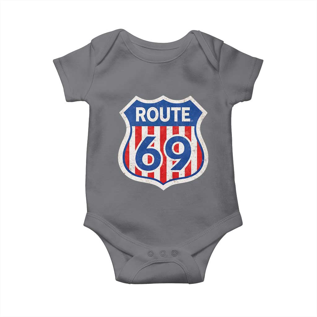 Vintage Route 69 Highway Road Trip Sign Distressed American Flag Baby Onesie