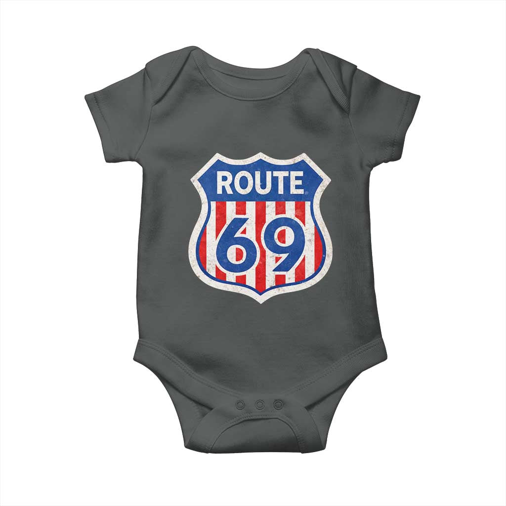 Vintage Route 69 Highway Road Trip Sign Distressed American Flag Baby Onesie