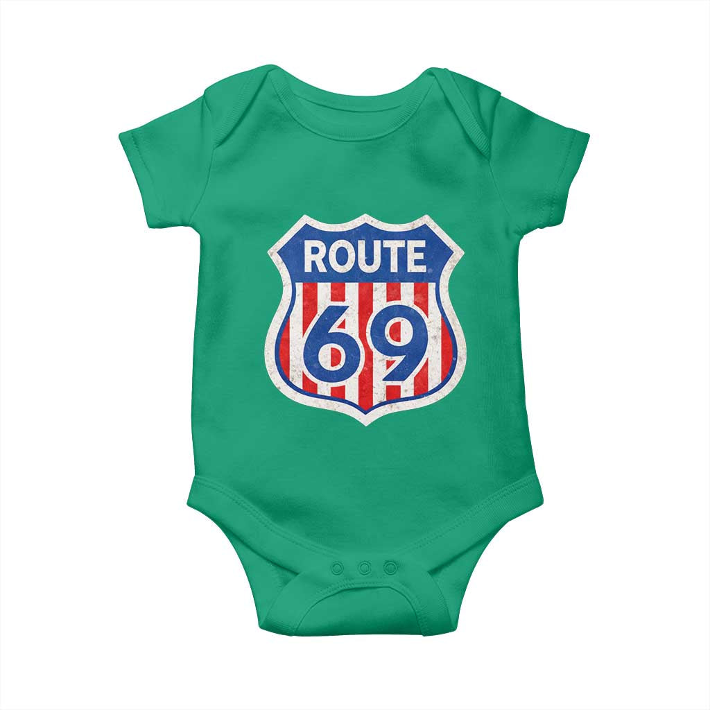 Vintage Route 69 Highway Road Trip Sign Distressed American Flag Baby Onesie