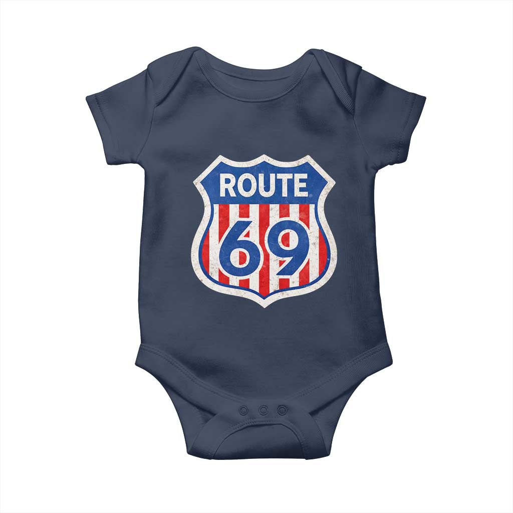 Vintage Route 69 Highway Road Trip Sign Distressed American Flag Baby Onesie
