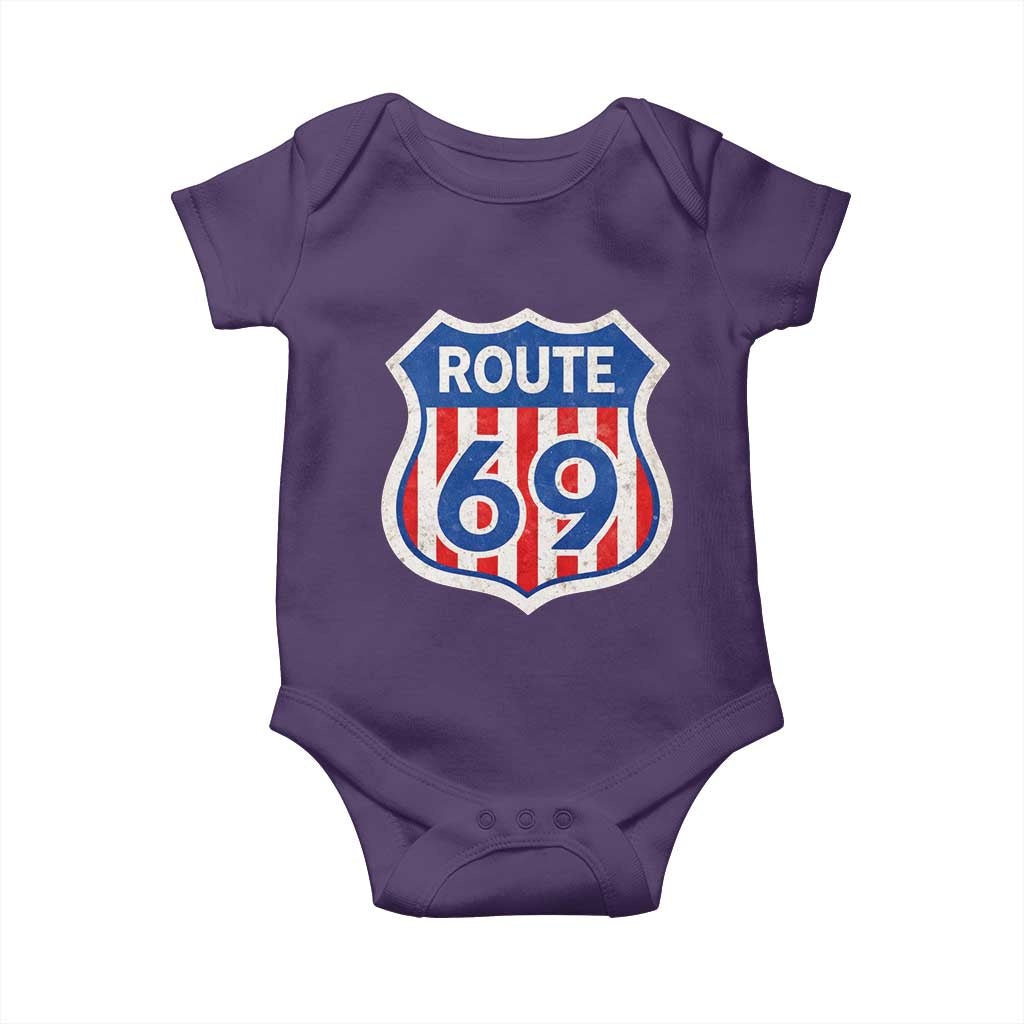 Vintage Route 69 Highway Road Trip Sign Distressed American Flag Baby Onesie