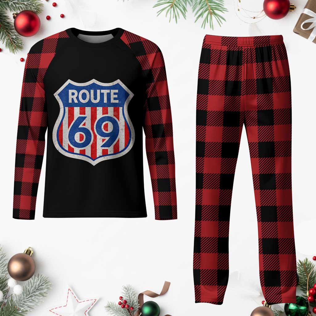 Vintage Route 69 Highway Road Trip Sign Distressed American Flag Plaid Pajama Set