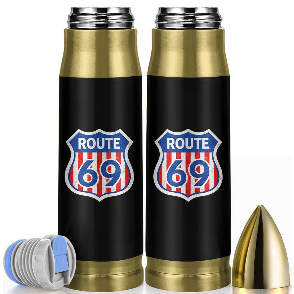 Vintage Route 69 Highway Road Trip Sign Distressed American Flag Bullet Tumbler