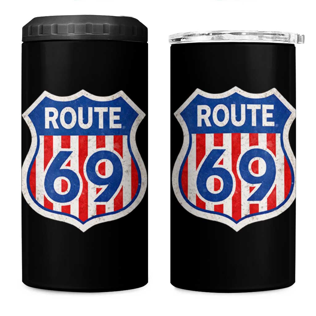 Vintage Route 69 Highway Road Trip Sign Distressed American Flag 4 in 1 Can Cooler Tumbler