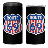 Vintage Route 69 Highway Road Trip Sign Distressed American Flag 4 in 1 Can Cooler Tumbler
