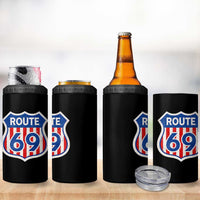 Vintage Route 69 Highway Road Trip Sign Distressed American Flag 4 in 1 Can Cooler Tumbler