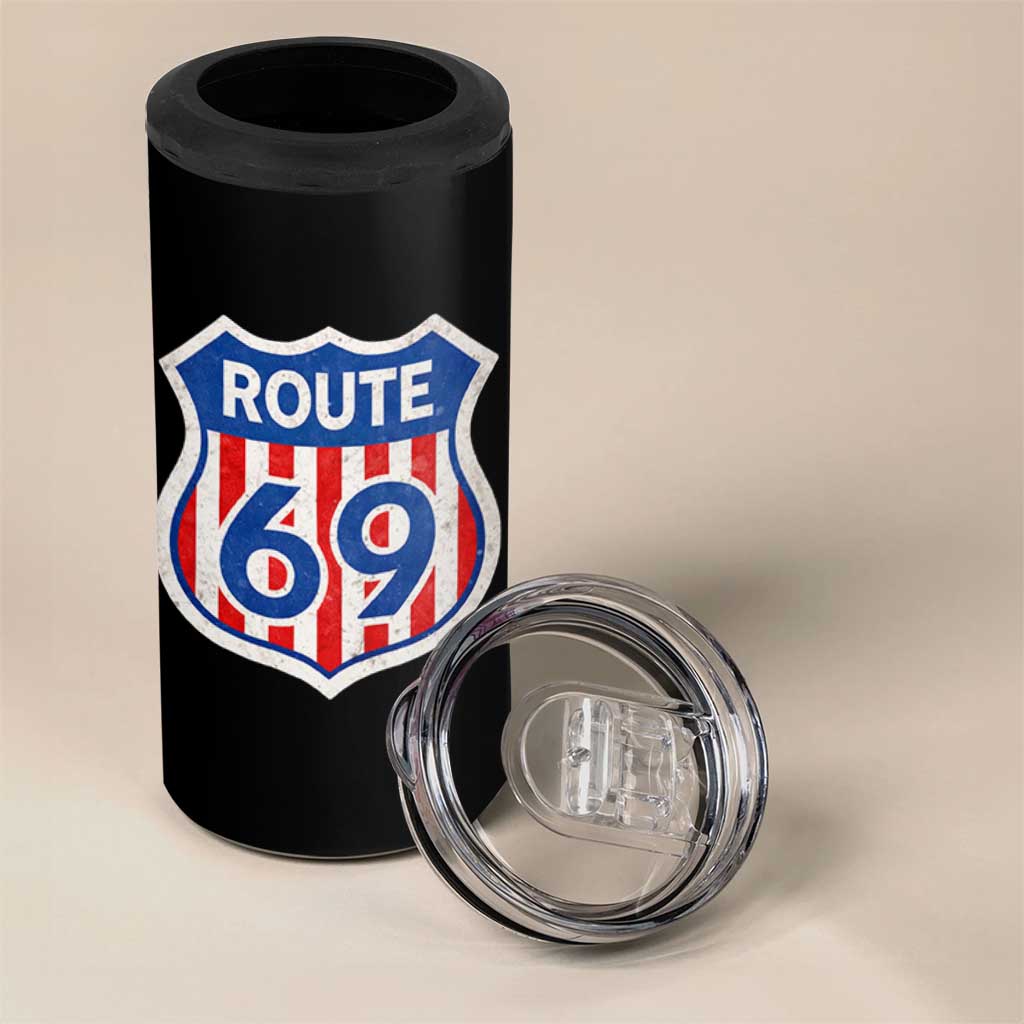 Vintage Route 69 Highway Road Trip Sign Distressed American Flag 4 in 1 Can Cooler Tumbler