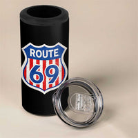 Vintage Route 69 Highway Road Trip Sign Distressed American Flag 4 in 1 Can Cooler Tumbler