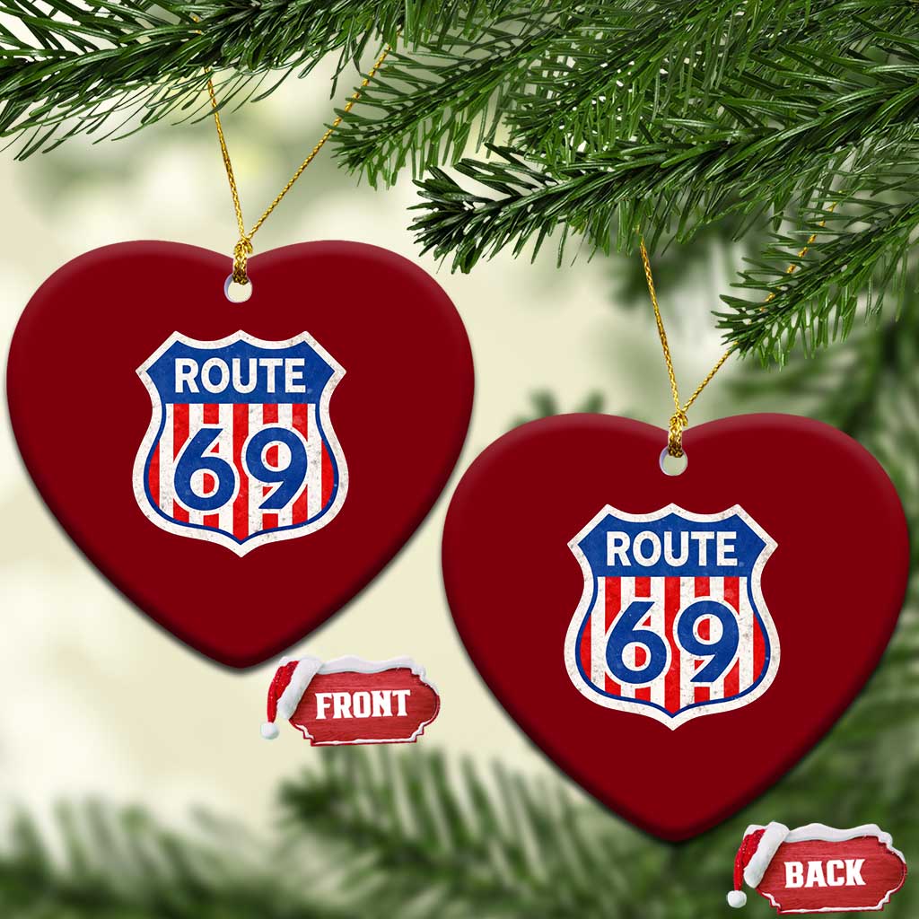Vintage Route 69 Highway Road Trip Sign Distressed American Flag Ceramic Ornament
