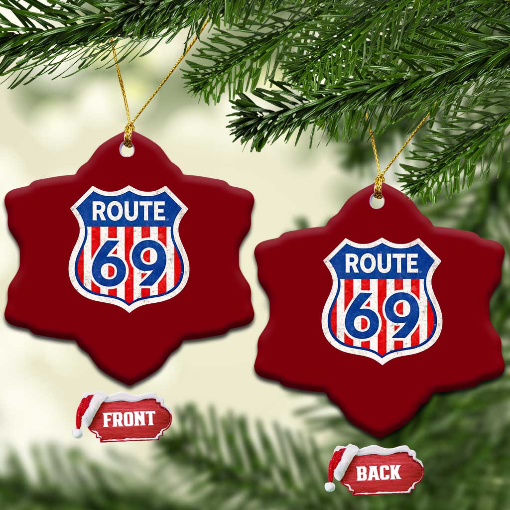 Vintage Route 69 Highway Road Trip Sign Distressed American Flag Ceramic Ornament