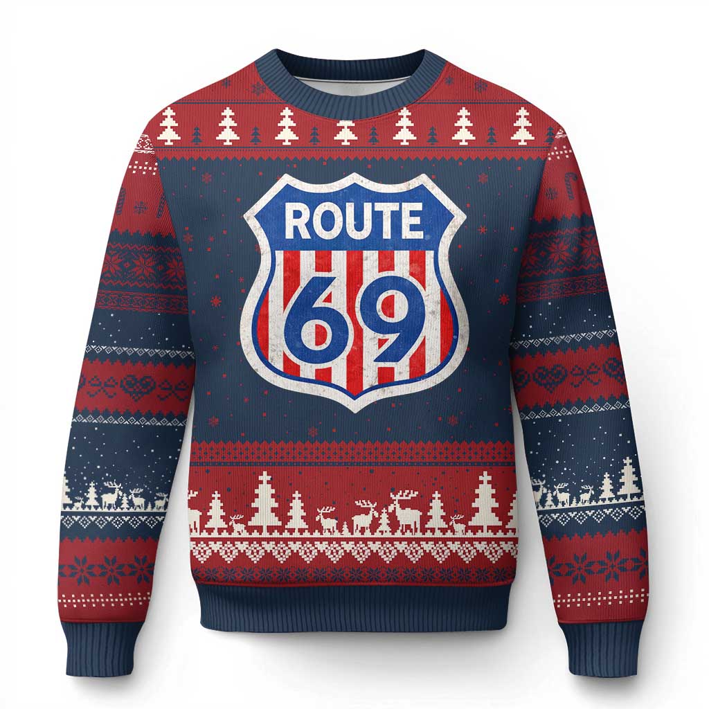Vintage Route 69 Highway Road Trip Sign Distressed American Flag Ugly Christmas Sweater