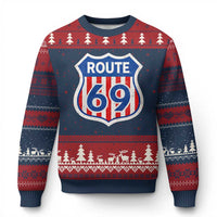 Vintage Route 69 Highway Road Trip Sign Distressed American Flag Ugly Christmas Sweater