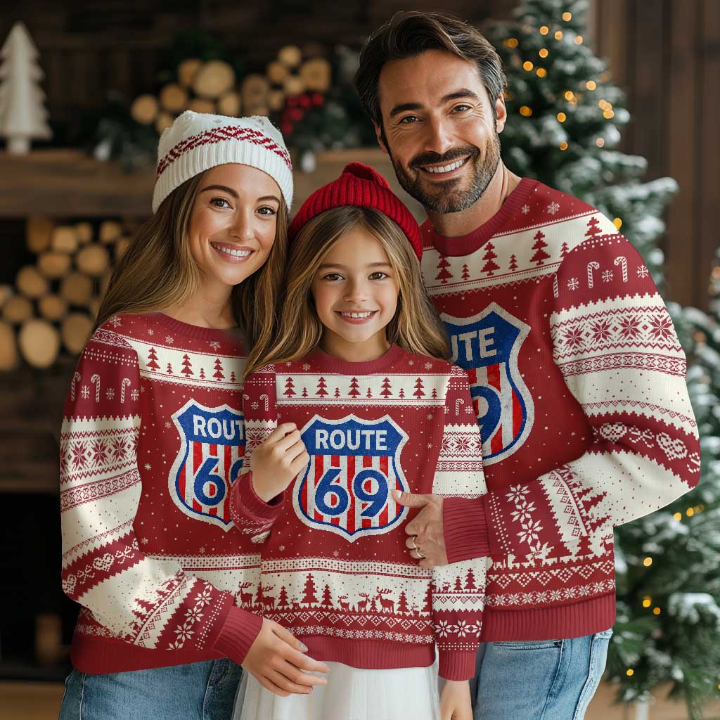 Vintage Route 69 Highway Road Trip Sign Distressed American Flag Ugly Christmas Sweater
