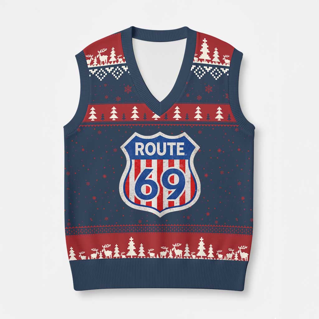 Vintage Route 69 Highway Road Trip Sign Distressed American Flag V-Neck Knit Sweater Vest