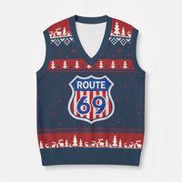 Vintage Route 69 Highway Road Trip Sign Distressed American Flag V-Neck Knit Sweater Vest