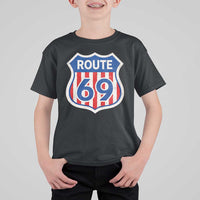 Vintage Route 69 Highway Road Trip Sign Distressed American Flag T Shirt For Kid