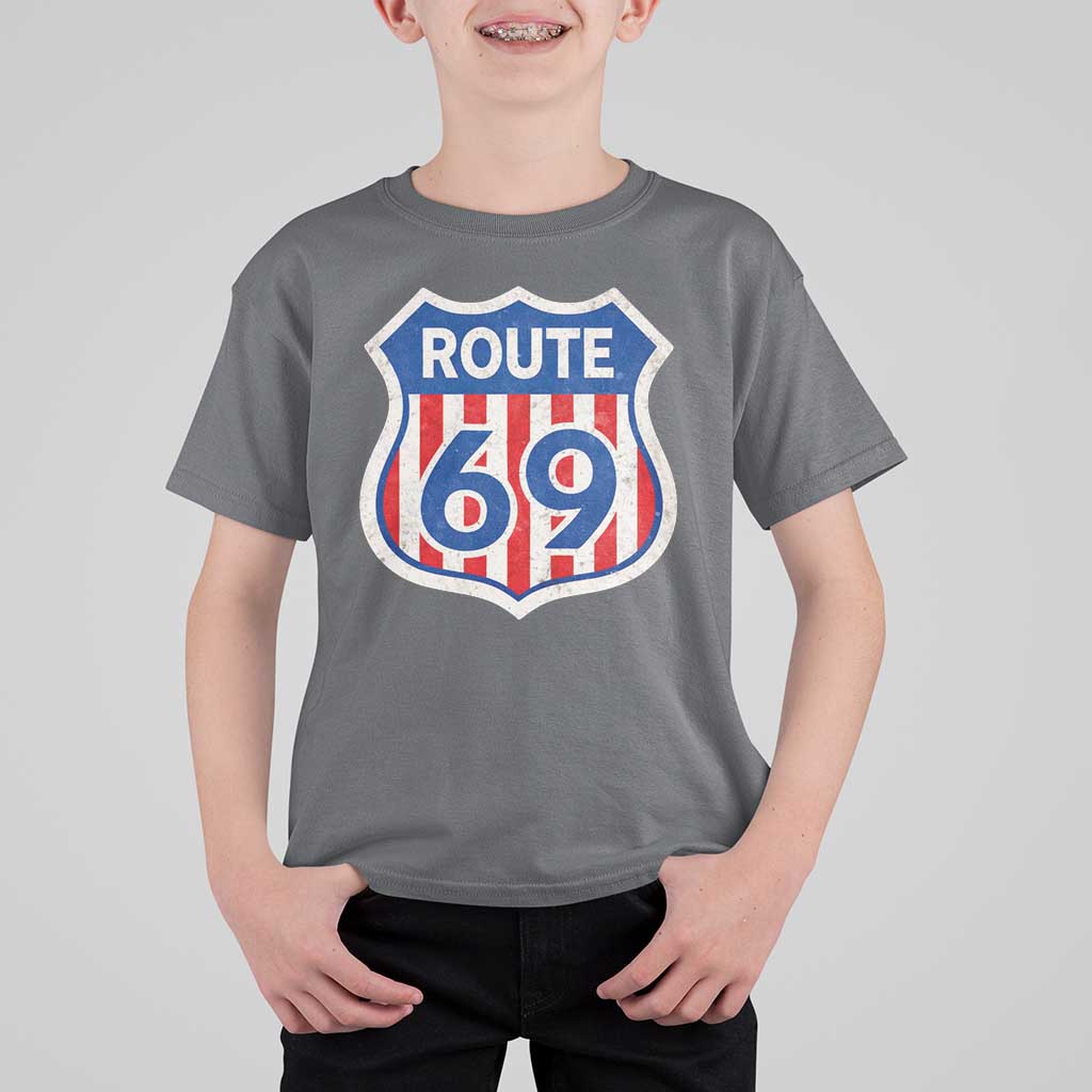 Vintage Route 69 Highway Road Trip Sign Distressed American Flag T Shirt For Kid