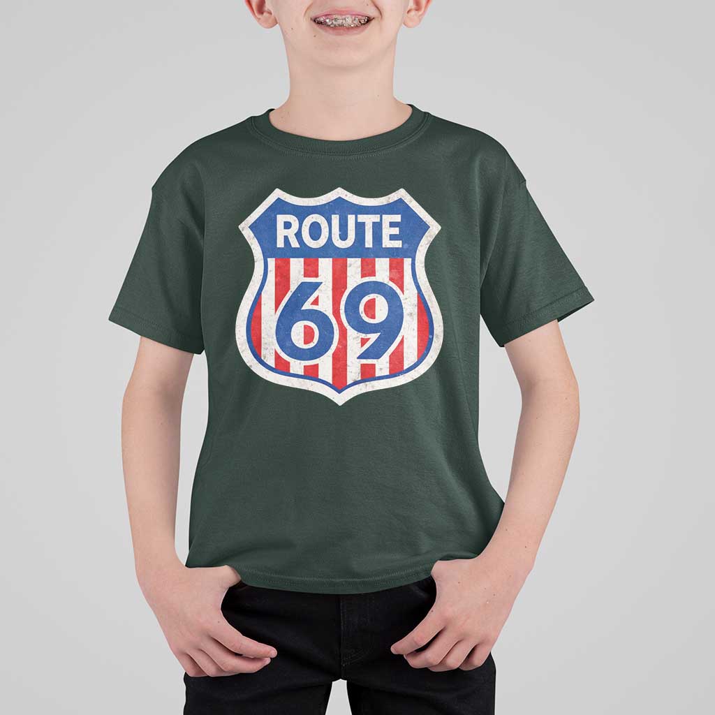 Vintage Route 69 Highway Road Trip Sign Distressed American Flag T Shirt For Kid