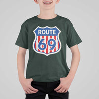 Vintage Route 69 Highway Road Trip Sign Distressed American Flag T Shirt For Kid