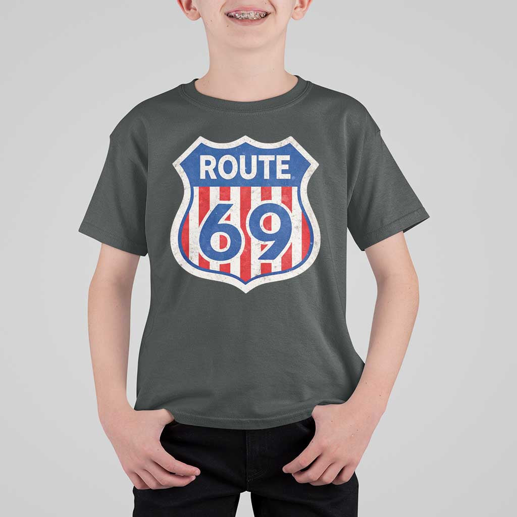Vintage Route 69 Highway Road Trip Sign Distressed American Flag T Shirt For Kid