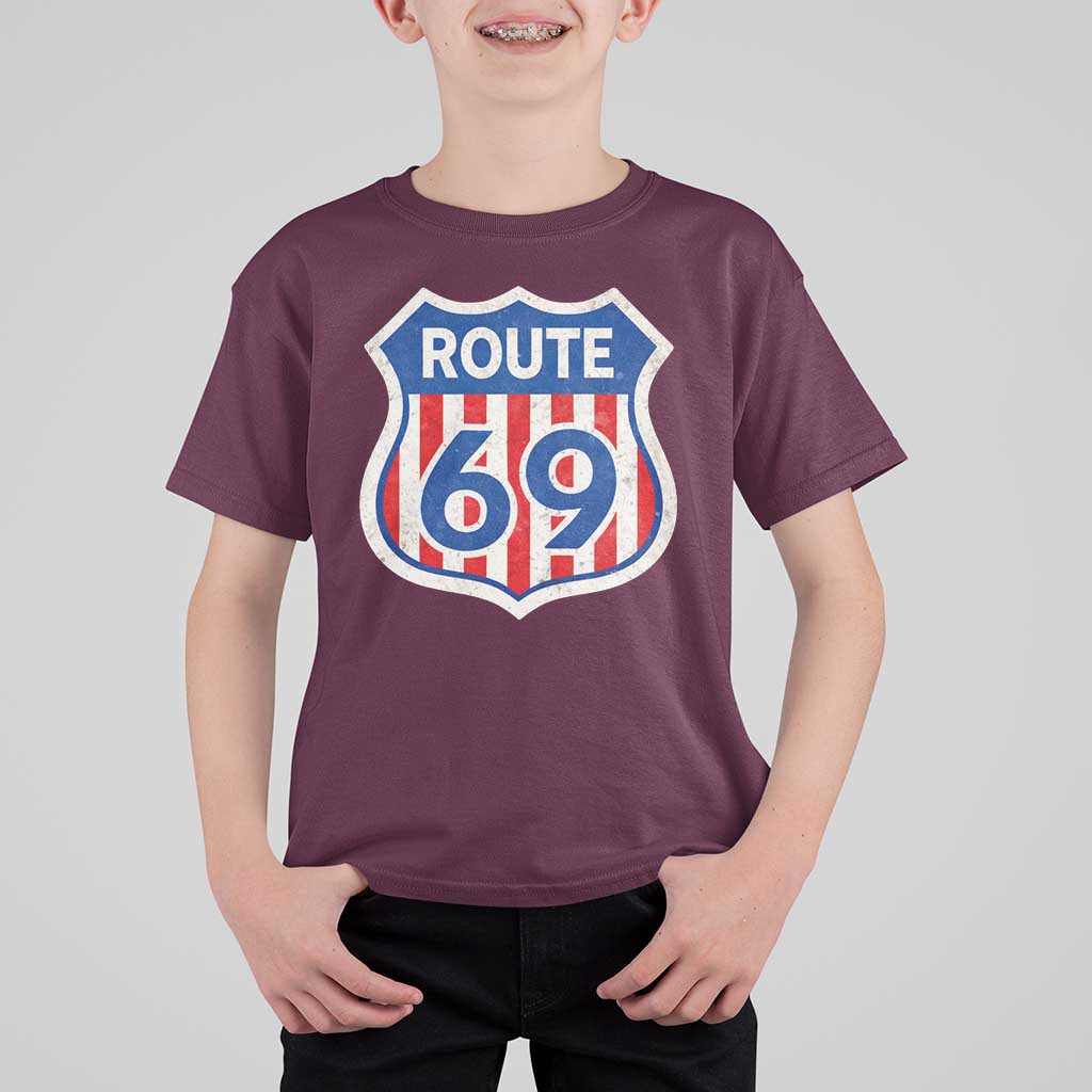 Vintage Route 69 Highway Road Trip Sign Distressed American Flag T Shirt For Kid