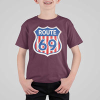 Vintage Route 69 Highway Road Trip Sign Distressed American Flag T Shirt For Kid