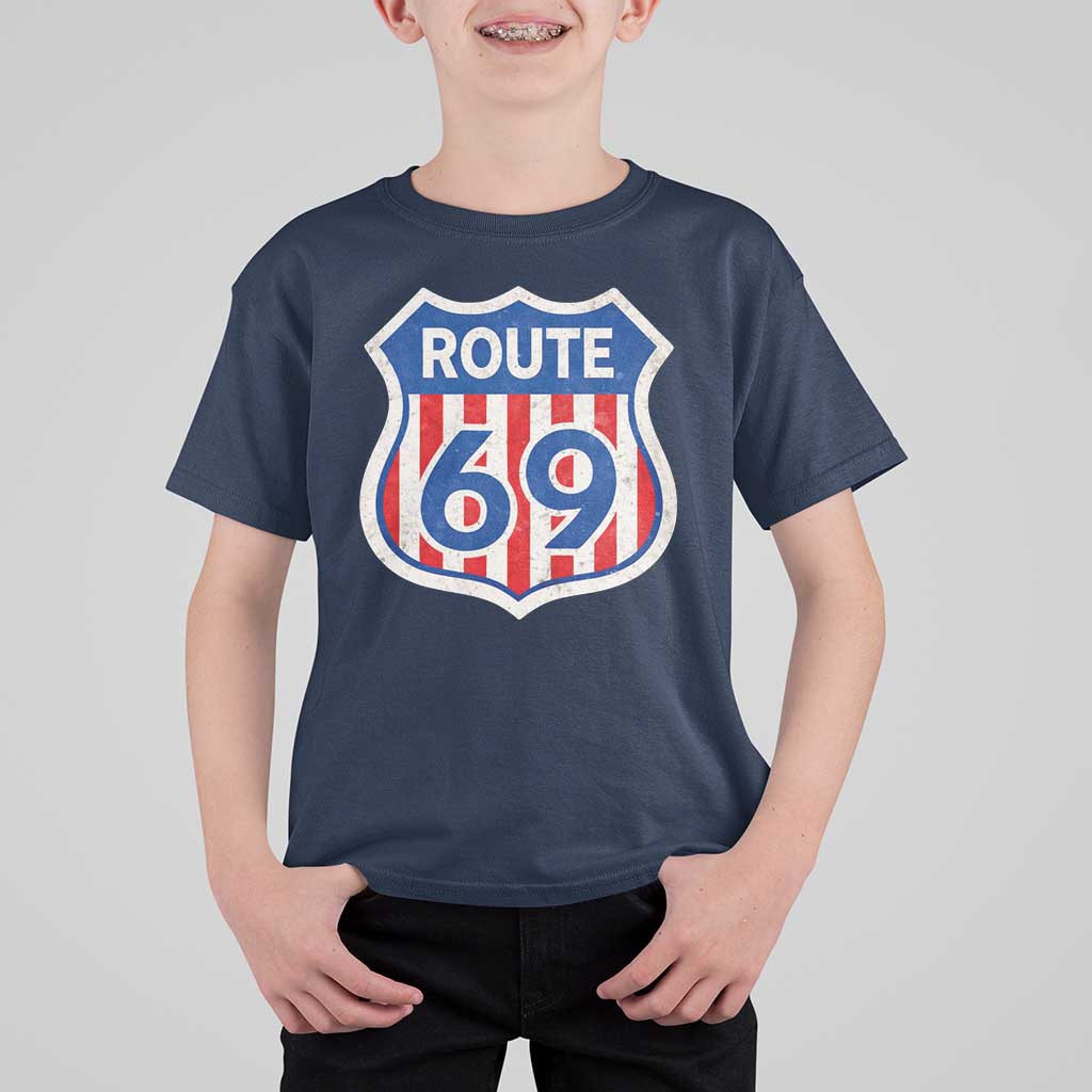 Vintage Route 69 Highway Road Trip Sign Distressed American Flag T Shirt For Kid