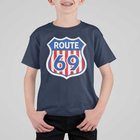 Vintage Route 69 Highway Road Trip Sign Distressed American Flag T Shirt For Kid