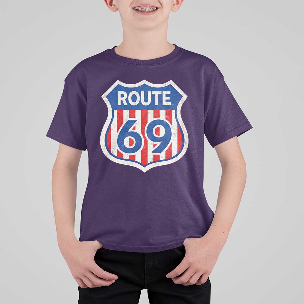 Vintage Route 69 Highway Road Trip Sign Distressed American Flag T Shirt For Kid
