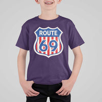Vintage Route 69 Highway Road Trip Sign Distressed American Flag T Shirt For Kid