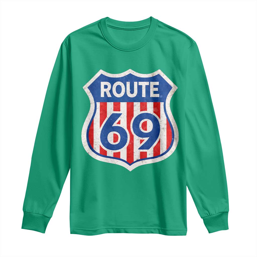 Vintage Route 69 Highway Road Trip Sign Distressed American Flag Long Sleeve Shirt