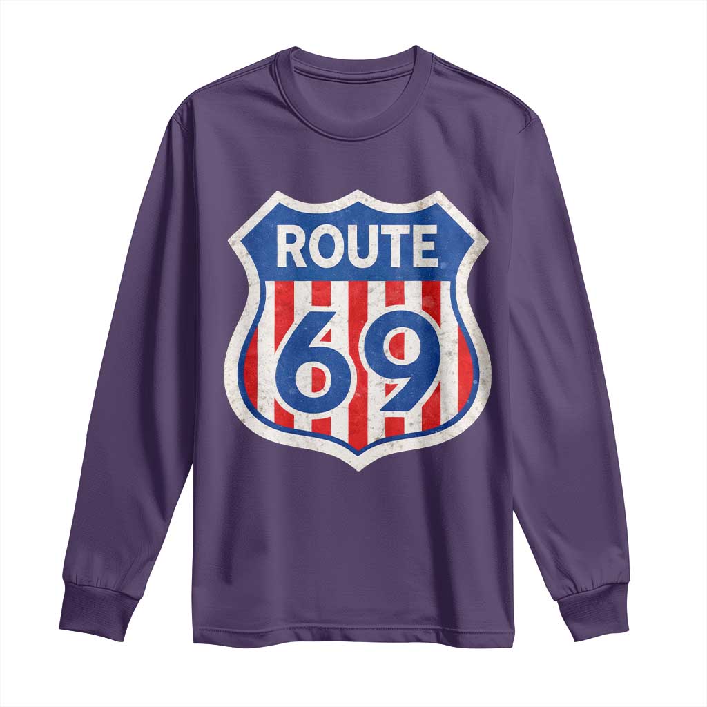 Vintage Route 69 Highway Road Trip Sign Distressed American Flag Long Sleeve Shirt