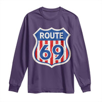 Vintage Route 69 Highway Road Trip Sign Distressed American Flag Long Sleeve Shirt