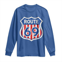 Vintage Route 69 Highway Road Trip Sign Distressed American Flag Long Sleeve Shirt