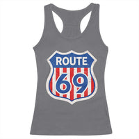 Vintage Route 69 Highway Road Trip Sign Distressed American Flag Racerback Tank Top
