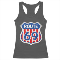 Vintage Route 69 Highway Road Trip Sign Distressed American Flag Racerback Tank Top