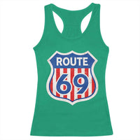 Vintage Route 69 Highway Road Trip Sign Distressed American Flag Racerback Tank Top