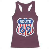 Vintage Route 69 Highway Road Trip Sign Distressed American Flag Racerback Tank Top
