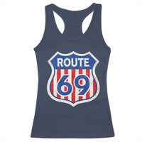 Vintage Route 69 Highway Road Trip Sign Distressed American Flag Racerback Tank Top
