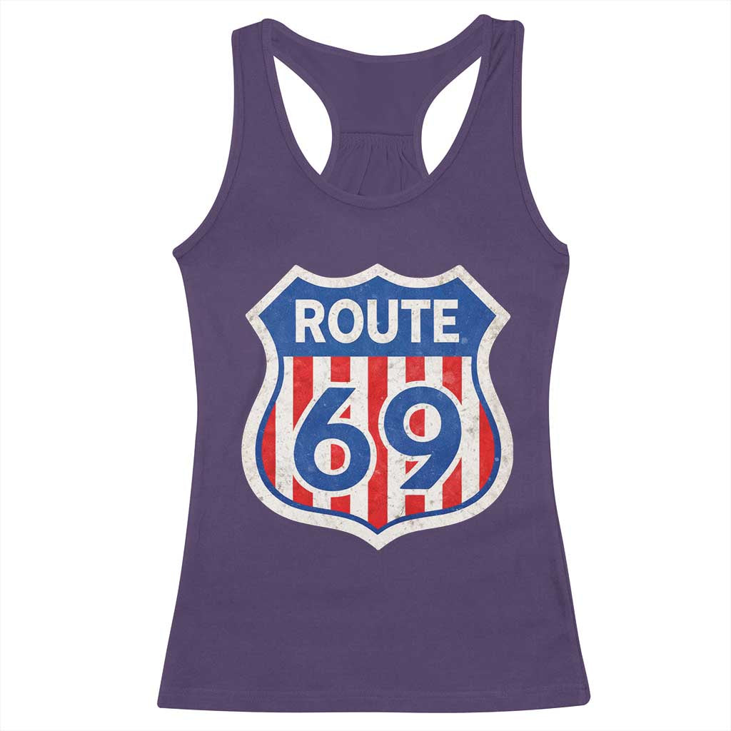 Vintage Route 69 Highway Road Trip Sign Distressed American Flag Racerback Tank Top